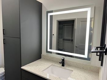 A bathroom with a sink and a mirror